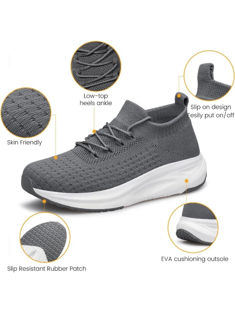 Womens Grey Polyester Slip on Walking Shoes Comfort Casual Running Sneakers - Picture 2 of 5